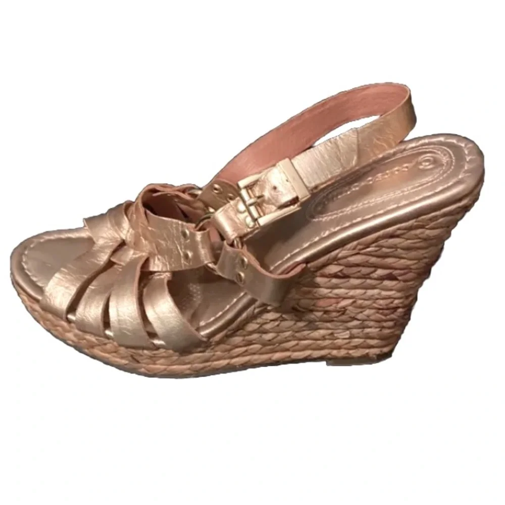 Corso Como Rose Metallic Leather Straw Braided Wedge Espadrilles Sandals 8